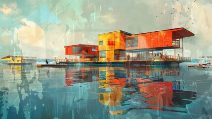 Floating Residential Barges: Maritime Coastal Living and conceptual metaphors of Maritime Coastal Living - obrazy, fototapety, plakaty