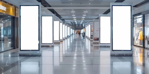 Fototapeta premium mpty blank white advertising poster mockup on modern light gray pillars at an empty airport or building, Advertising Poster template at city street,banner 