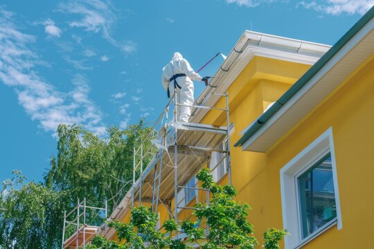 man in white protective suit painting a yellow roof of an apartment building with spray gun ladder and platform on top of it during sunshine in the morning with beautiful view of clear blue sky