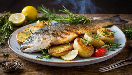 Grilled trout with rosemary potatoes and vegetables