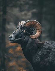 closeup photo of a black ram with dark brown impressive round horns isolated on a dark forest with brown leaves and black trees