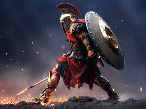 Spartan warrior with sword and shield. ancient Roman sword,  weaponry and valor of soldier. Roman male legionary legionaries wear helmet, gladius. infantryman army of Roman Empire gaius julius caesar