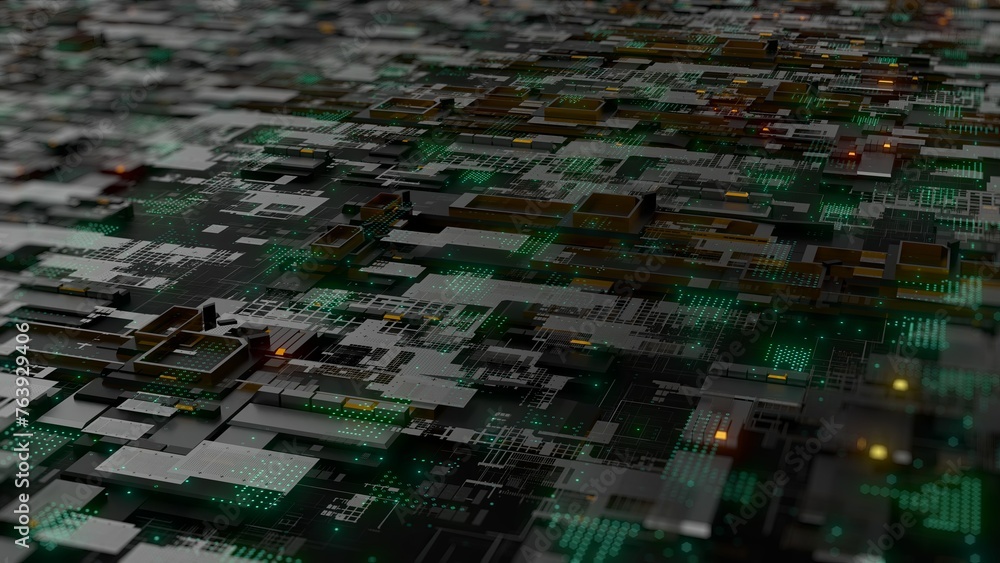 Poster Motherboard digital data microchip. Technology science abstract background, Integrated communication processor. 3D rendering illustration