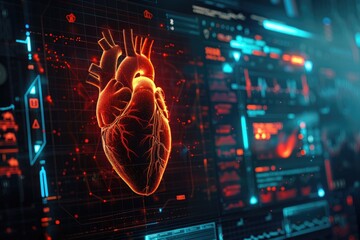 A holographic projection of a human heart displayed with high-tech medical monitoring equipment, representing advanced cardiology diagnostics. heart, hologram, digital, cardiology, health, medical