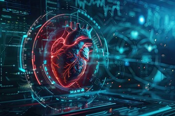 A sophisticated 3D rendering of a human heart in a high-tech virtual reality interface for advanced medical diagnostics and analysis. heart, virtual, 3D, medical, diagnostics, technology, health - obrazy, fototapety, plakaty