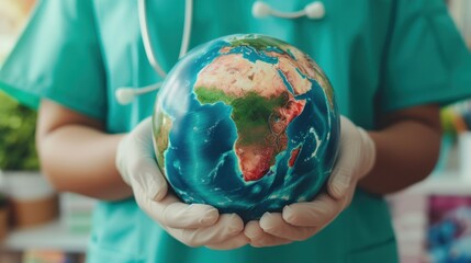 doctor in a green medical robe holding an object in the form of a globe in his hands, concept world health day