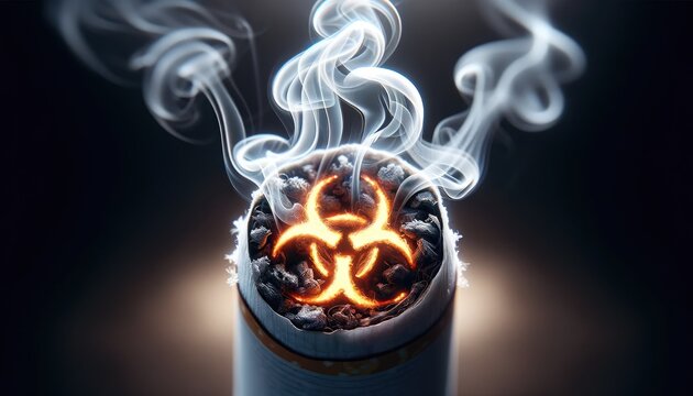 Close-up of a cigarette with a glowing biohazard symbol emblazoned on its burning tip, symbolizing the hazardous effects of smoking. cigarette, burning, biohazard, symbol, toxic, smoke, danger, health