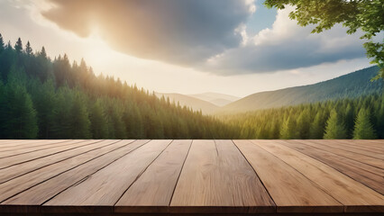 a wooden table against the background of a summer forest. a platform for product, advertising, and presentation