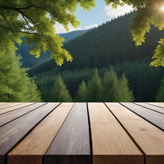 a wooden table against the background of a summer forest. a platform for product, advertising, and presentation
