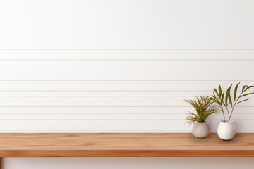 wooden table template, desk mock-up on a white wall background