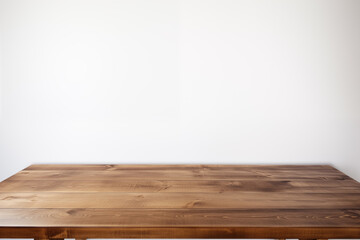 wooden table, desk template, mockup on a white wall background