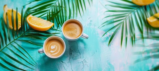 Professional break with coffee on clean office table, pastel background, top view mockup