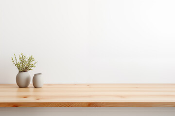 wooden table template, desk mockup on a white wall background