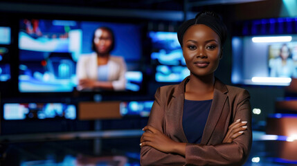 Confident newscaster stands with arms folded in front of blurred TV screens in a high-tech newsroom - obrazy, fototapety, plakaty