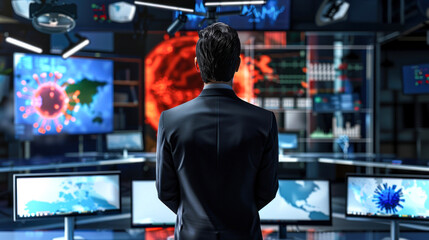 A man in a business suit observes multiple screens displaying global data and virus graphics in a hi-tech room