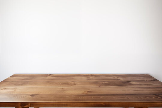 wooden table, desk template, mockup on a white wall background