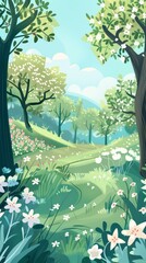 Lush Forest Painting With Flowers and Trees
