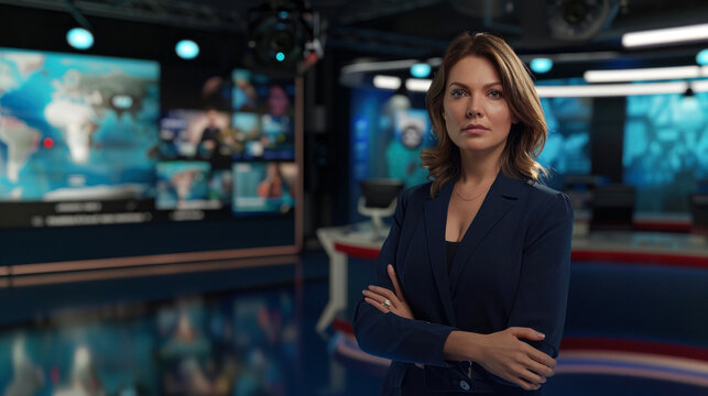 A female journalist with arms crossed in a modern broadcast newsroom