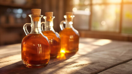 Maple syrup bottles on a wooden table in sunlight.