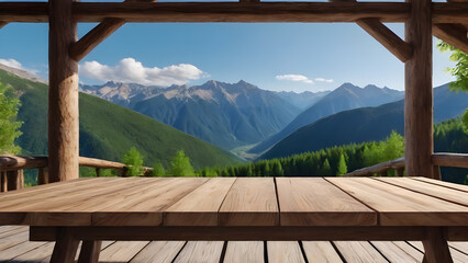 a wooden table on the background of a mountainous area. a platform for product, advertising, and presentation