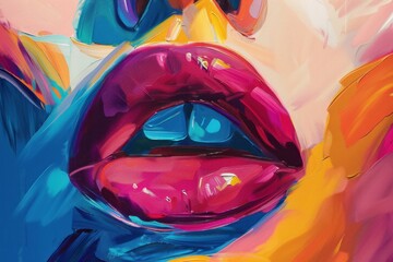 Illustration showcasing a woman's face with bold and expressive lips in a variety of vibrant colors, conveying confidence and individuality in a modern and artistic style