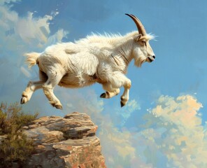 aerial photo of a white furry big muscular mountain goat with big horns jumping of a brown and black mountain cliff in the morning with a clear blue sky with white clouds in the background - Powered by Adobe