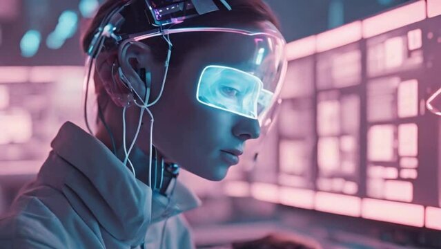 A visual journey into the world of advanced technology featuring transparent screens, brain-computer interfaces, and devices that can repair themselves. (Sci-fi theme, futuristic music).