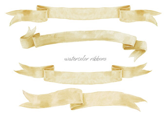 Watercolor Ribbon Banner Wedding Crest. Yellow Pastel Bow Set