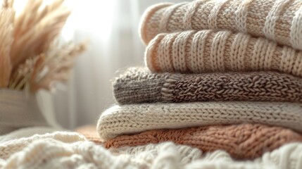 Fototapeta na wymiar Soft tones and textures of neatly stacked hand-knitted sweaters in natural light