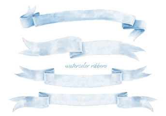 Watercolor Ribbon Banner Wedding Crest. Blue Pastel Bow Set