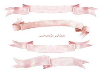 Watercolor Ribbon Banner Wedding Crest. Pastel Bow Set