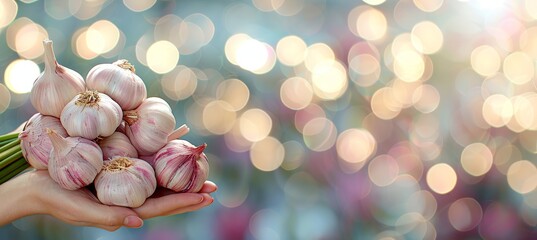 Garlic selection  hand holding bulb with copy space on blurred background for text placement