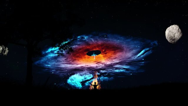 A mystical man, emitting many lightning bolts, flies from space from a beautiful nebula to the ground towards a man meditating near a fire in nature. Concept of God, religion, angels. 4k animation.