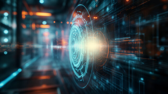 Futuristic glowing circular device in server room or spaceship