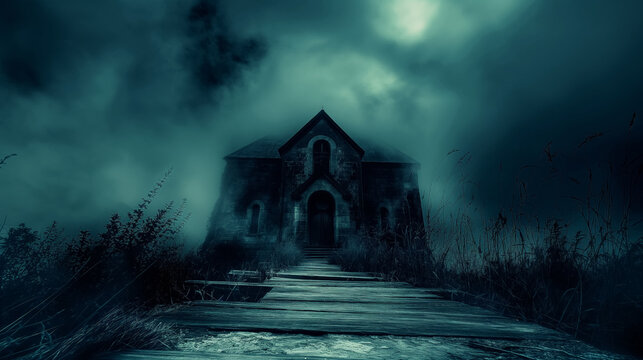 Spooky abandoned church on a foggy, overcast day.