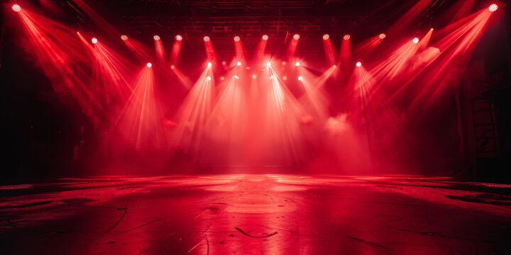Free stage with lights and smoke, Empty stage with red spotlights, conser, show, party, Presentation concept. red spotlight strike on black background, vintage retro stage red pink light banner