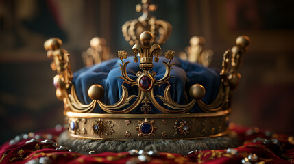 Regal crown on velvet with intricate gold detailing.