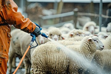 sheared sheep with electric wire piping to it in a farm with lots of white furry sheep being...