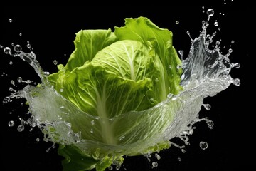 Cabbage , Throw it into the water and spread it out , vegetable , black background.