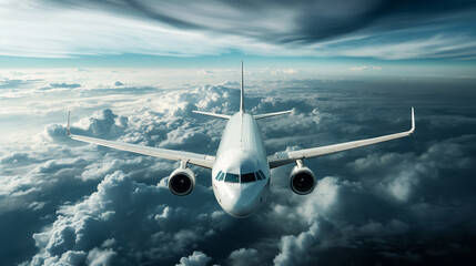 Fototapeta premium Airplane soaring above clouds in a dramatic sky.