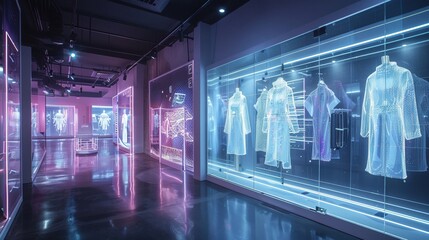Naklejka na ściany i meble Futuristic fashion studio where AI and humans co design garments with smart fabrics