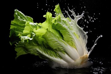 Chinese cabbage , Throw it into the water and spread it out , vegetable , black background. - obrazy, fototapety, plakaty