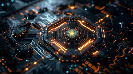 Futuristic CPU chip electronic circuit board close up