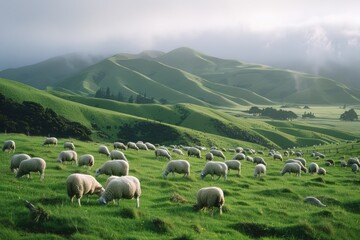 Sheep herd grazing in the rolling green grassy hills of rural New Zealand with a clear blue sky with white and black dark clouds in the morning