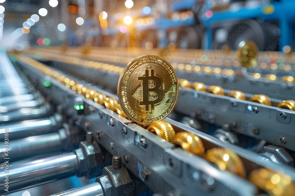 Poster cryptocurrency mining facility powered by advanced technology and blockchain. concept cryptocurrency