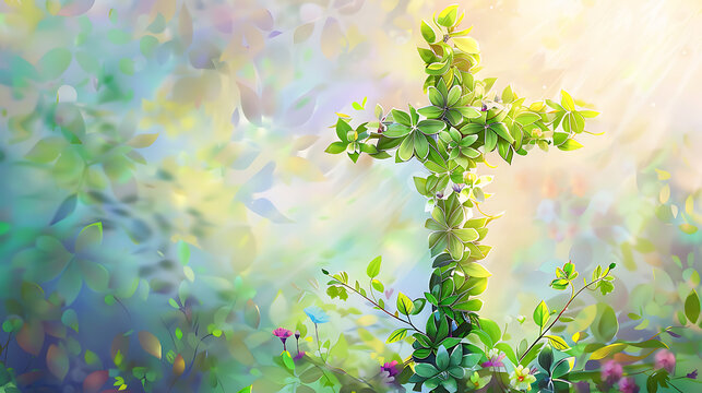  A Christian cross made of lush green leaves, renewal and growth concept, sunlight blurred background, church holiday background