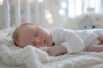 Cute caucasian baby sleeping, napping in the crib - 763932084