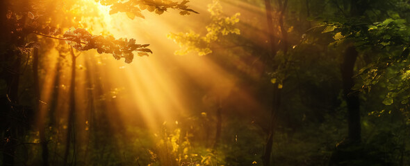 Obraz na płótnie Canvas Sunbeams breaking through a lush forest canopy.