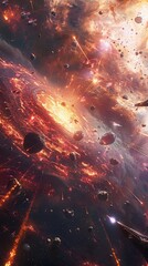 Interstellar war scene with laser battles over a blackhole - obrazy, fototapety, plakaty