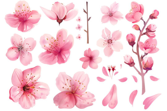 Charming pink cherry blossom elements and petals